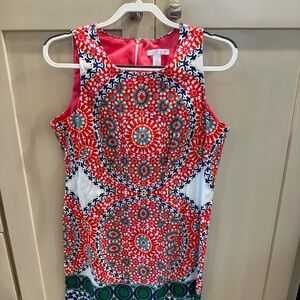 London Times Bright Coral Dress with Multicolor Neck Trim